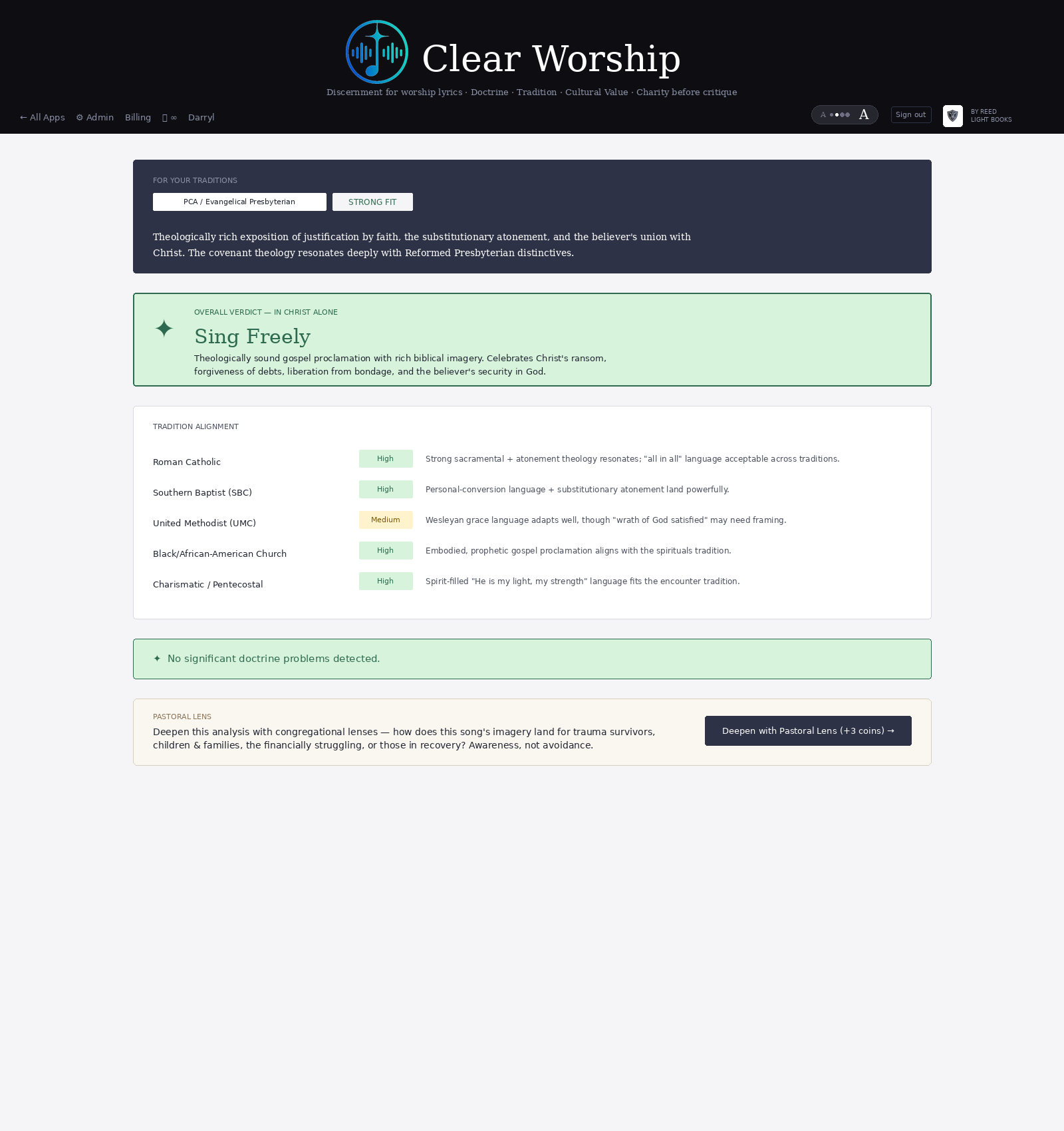A Clear Worship analysis: doctrinal alignment, scripture echoes, and a pastoral summary.